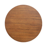 Top view of a round wood side table with a smooth, warm brown surface featuring fine natural grain patterns.