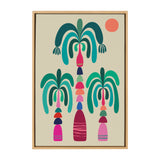 Modern abstract artwork showing three stylized palm trees with layered teal, green, pink, and purple trunks under a coral sun on a beige background.
