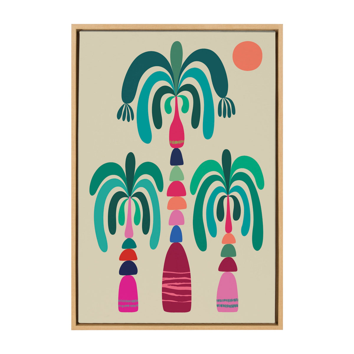 Modern abstract artwork showing three stylized palm trees with layered teal, green, pink, and purple trunks under a coral sun on a beige background.