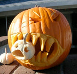 Orange pumpkin carved with angry eyes and jagged teeth biting down on a smaller white pumpkin held in its mouth, displayed outdoors on a brick surface.
