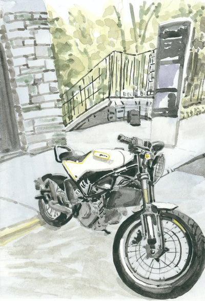 Watercolor print of a classic Husqvarna motorcycle in Washington Heights by Art By Francis