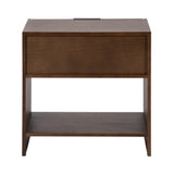 Rectangular side table in warm brown wood with a single drawer above an open shelf, shown from the front against a white background.