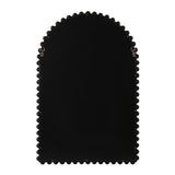 Rectangular black arched wall mirror with rounded bead-like detailing around the edges and metal hanging hardware at the top corners.