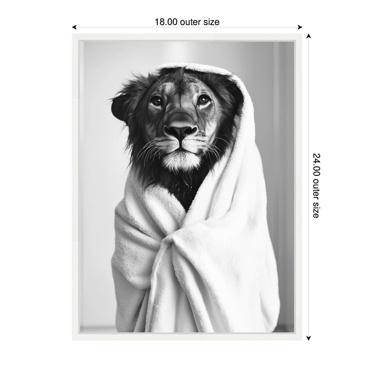 Black and white close-up photo of a lioness wrapped in a soft white towel, with expressive eyes and detailed fur texture visible.