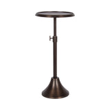 Round metal drink table with adjustable height, featuring a dark bronze finish and a flared base with a small side lever for adjustment.
