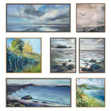 Seven framed landscape paintings depicting sky, water, hills, and greenery with varied color palettes including blues, greens, grays, and earth tones, arranged in a gallery style.