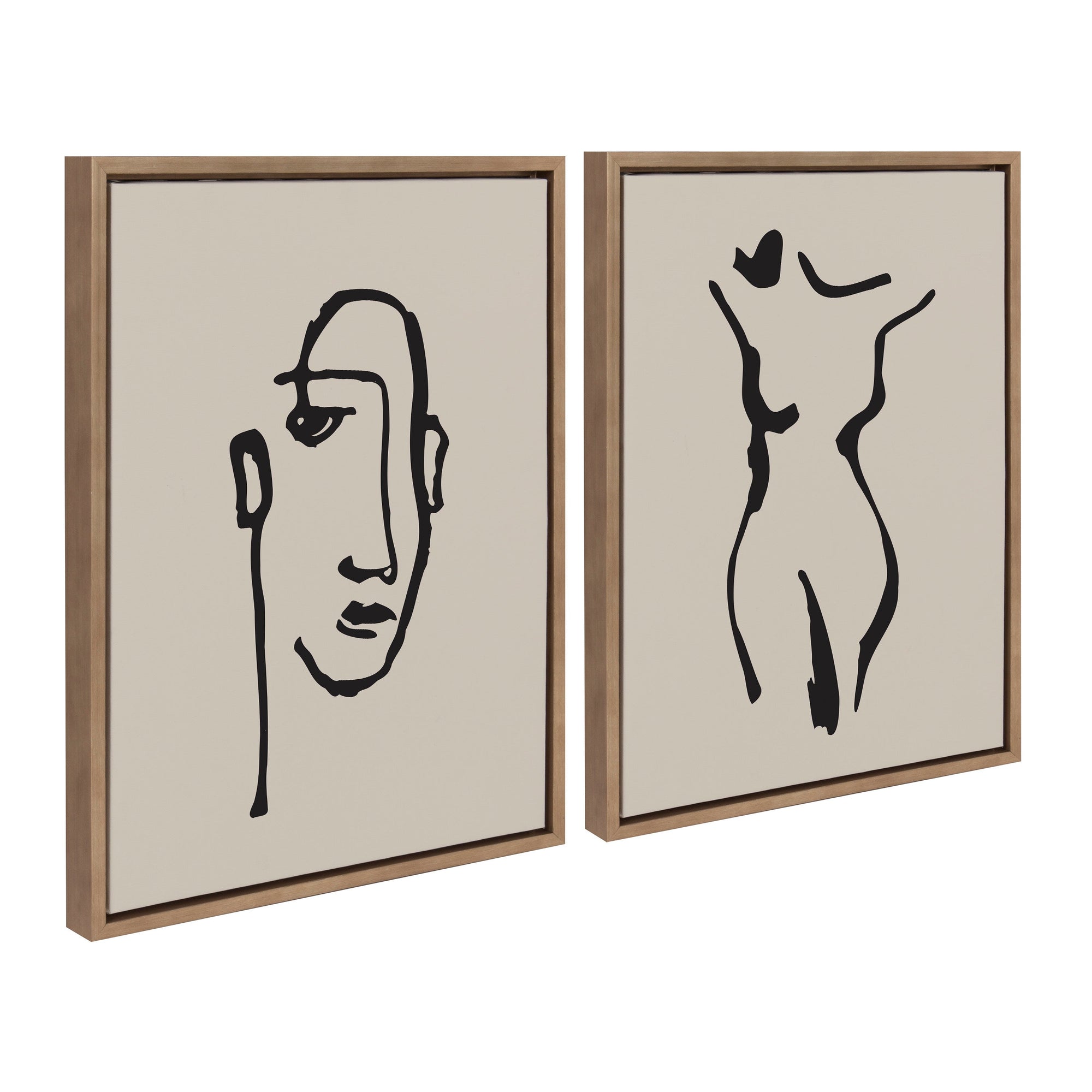 Sylvie Minimalist Neutral Line Art Drawing Face and Body framed canvas art set by The Creative Bunch Studio displayed in a neutral interior