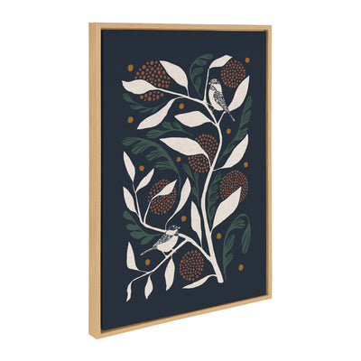 Framed canvas art with duo birds on a branch, vibrant colors in a natural lightweight frame