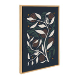 Framed canvas artwork featuring white and green leafy branches with brown clustered berries and two perched birds on a dark blue background.
