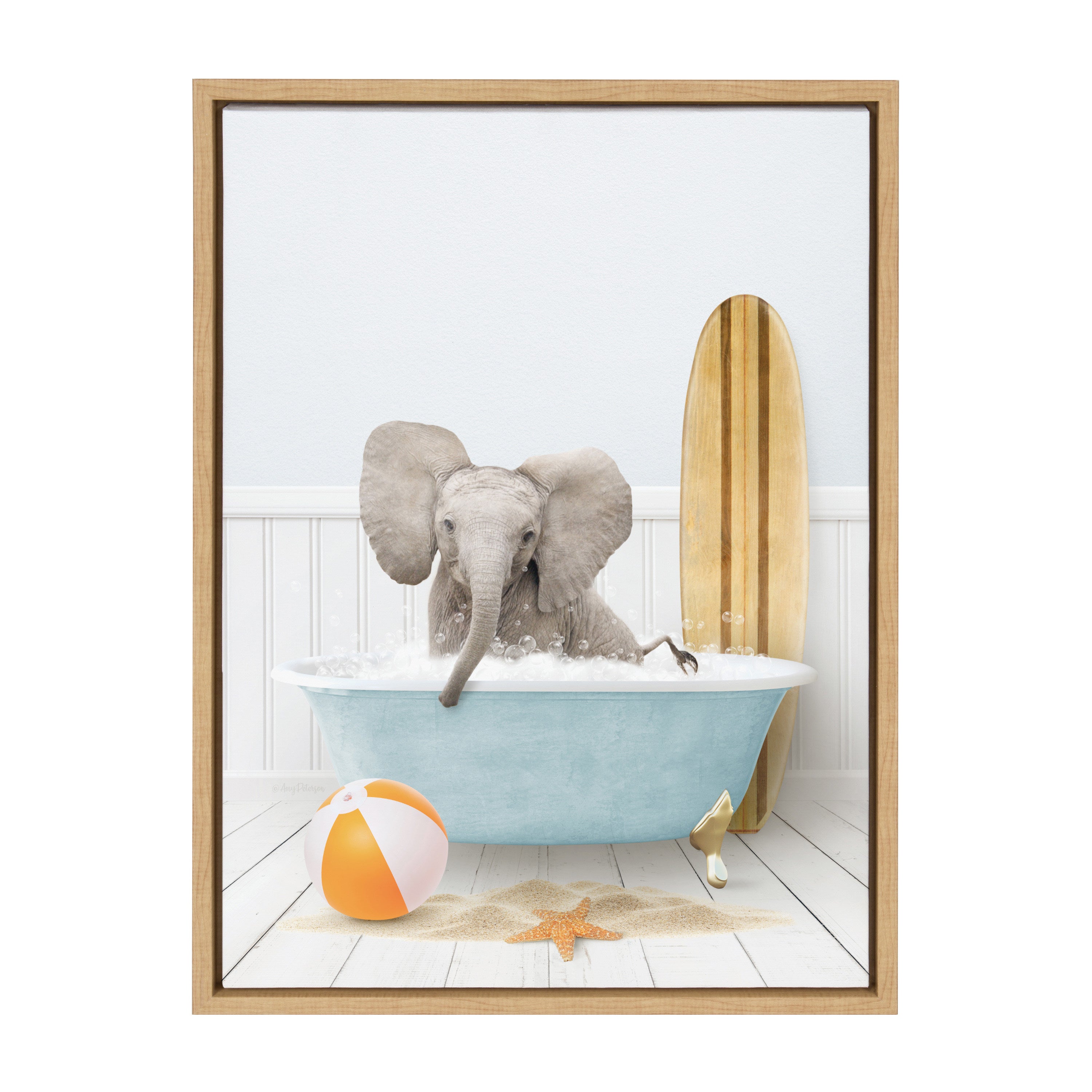 Sylvie Baby Elephant Beach House Bath with Surfboard Framed Canvas by Amy Peterson