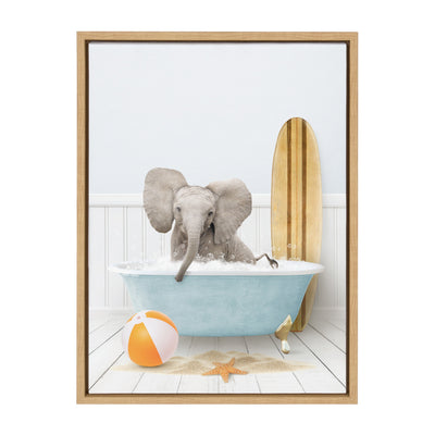 Sylvie Baby Elephant Beach House Bath with Surfboard Framed Canvas by Amy Peterson