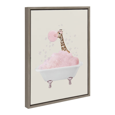 Sylvie Giraffe Taking a Bath framed canvas art showing a giraffe bathing in bathtub