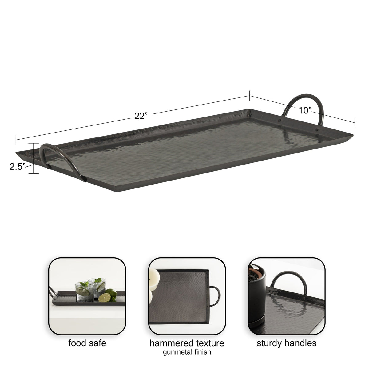 Rectangular metal tray with hammered texture in gunmetal finish, measuring 22x10 inches with 2.5-inch high sides and curved sturdy handles on each end.