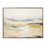 Abstract landscape painting with soft greens, beige, and white tones depicting hills and a winding path, framed in a simple beaded wooden frame.