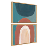 Two framed abstract canvas art pieces with overlapping rounded shapes in deep blue, terracotta, cream, and beige tones, stacked vertically with natural wood frames.