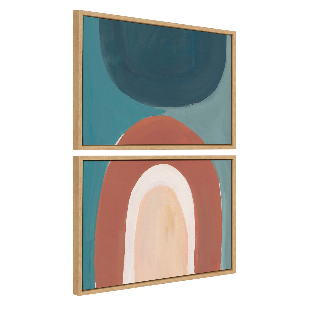 Two framed abstract canvas art pieces with overlapping rounded shapes in deep blue, terracotta, cream, and beige tones, stacked vertically with natural wood frames.
