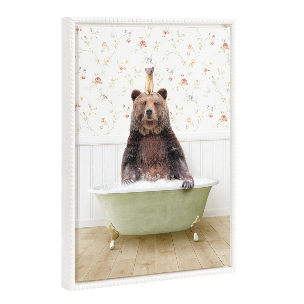 Sylvie Beaded Bear and Weasel in Country Cottage Bath framed canvas art by Amy Peterson displayed in white vintage beaded frame