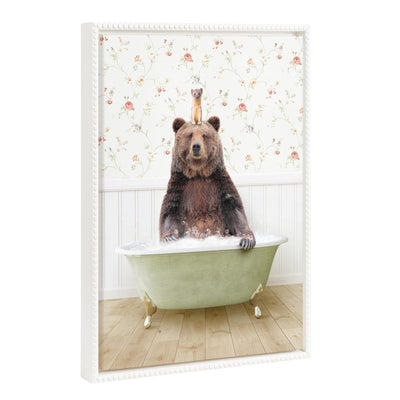 Sylvie Beaded Bear and Weasel in Country Cottage Bath framed canvas art by Amy Peterson displayed in white vintage beaded frame