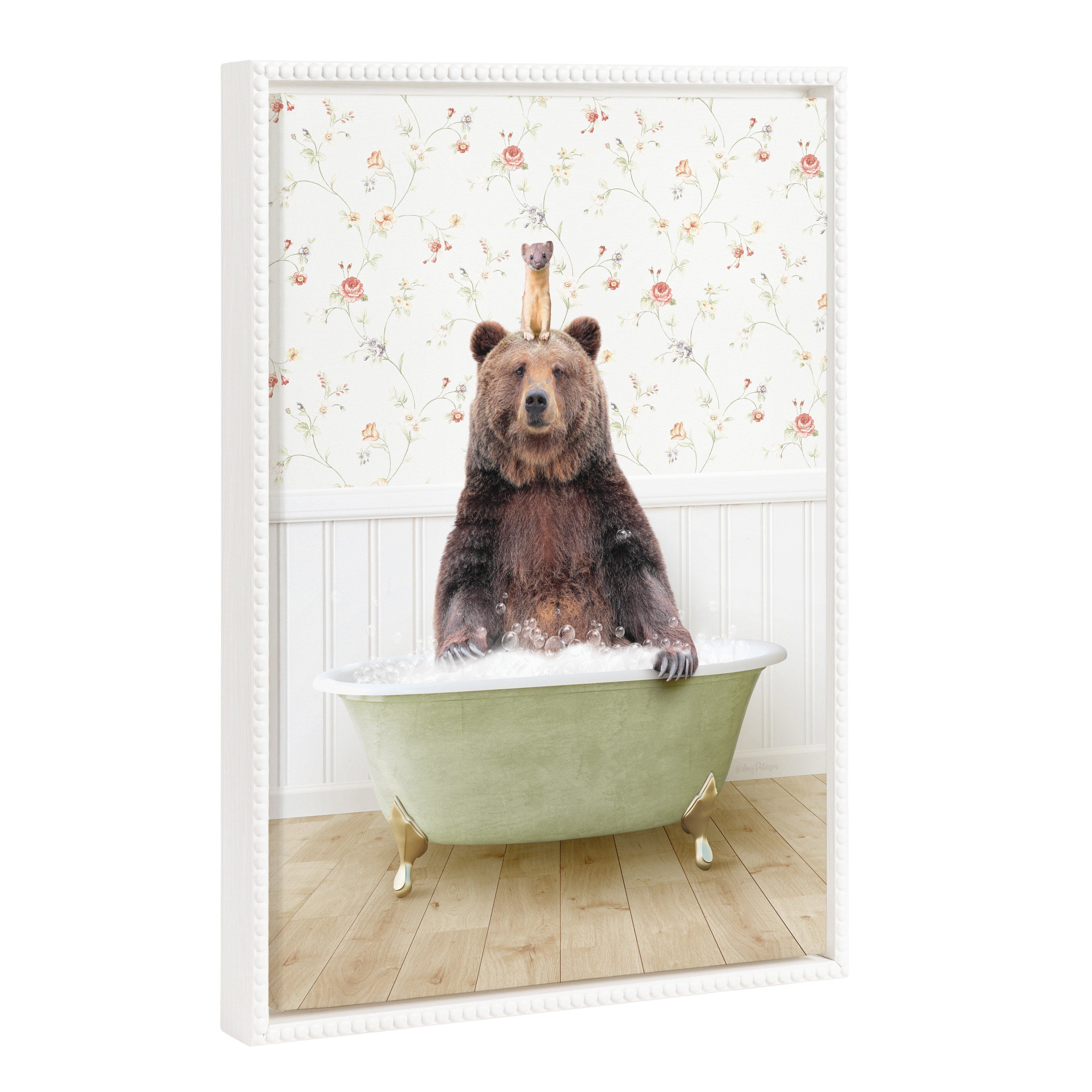 Sylvie Beaded Bear and Weasel in Country Cottage Bath Framed Canvas by Amy Peterson