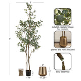 Tall faux eucalyptus tree with detailed green foliage and brown stems, shown with a gold planter, moss, and assembly parts, measuring 8 feet high and 3 feet wide.