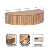 Semi-circular floating side table in light beige solid mango wood with vertical ribbed texture and a hidden drawer beneath the smooth top surface.