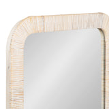Rectangular wall mirror with a rounded top edge and a textured beige wooden frame featuring vertical grooves.