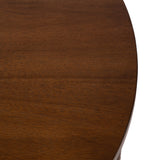 Top view of a round wooden table surface with a smooth, dark brown finish and visible fine wood grain texture.