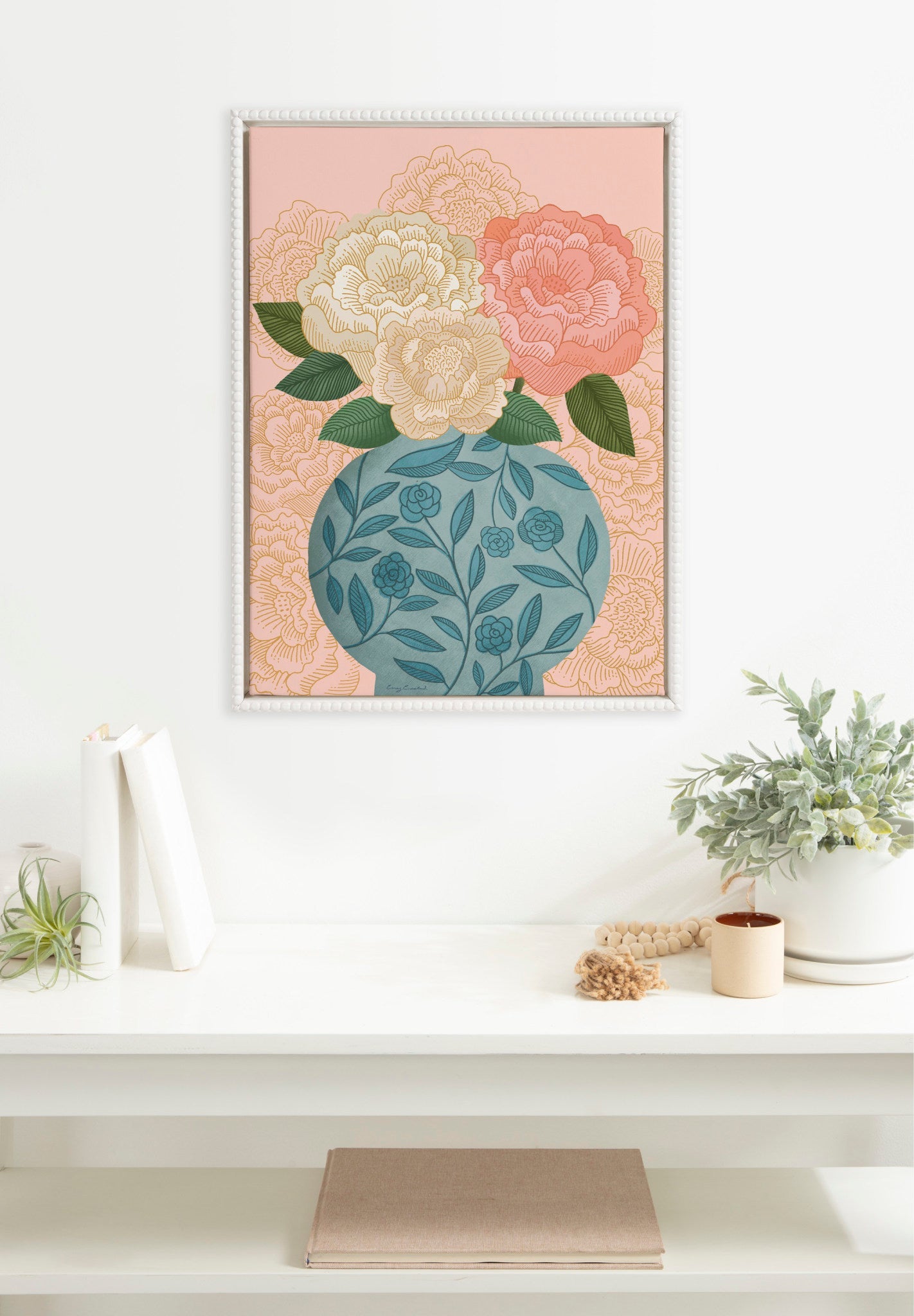 Sylvie Beaded Flower Bouquet Vase Framed Canvas by Carey Copeland