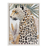 Profile of a cheetah with blue eyes surrounded by stylized beige and gray fern leaves on a framed canvas by Inkheart Designs.