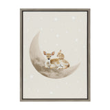 Illustration of a fawn lying on a crescent moon with a small rabbit sitting on its back, set against a pale background sprinkled with white stars, framed in dark wood.