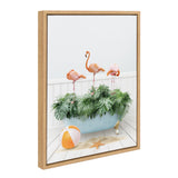 Three pink flamingos standing on green tropical foliage inside a light blue clawfoot bathtub on a white wooden floor with a beach ball and starfish nearby.
