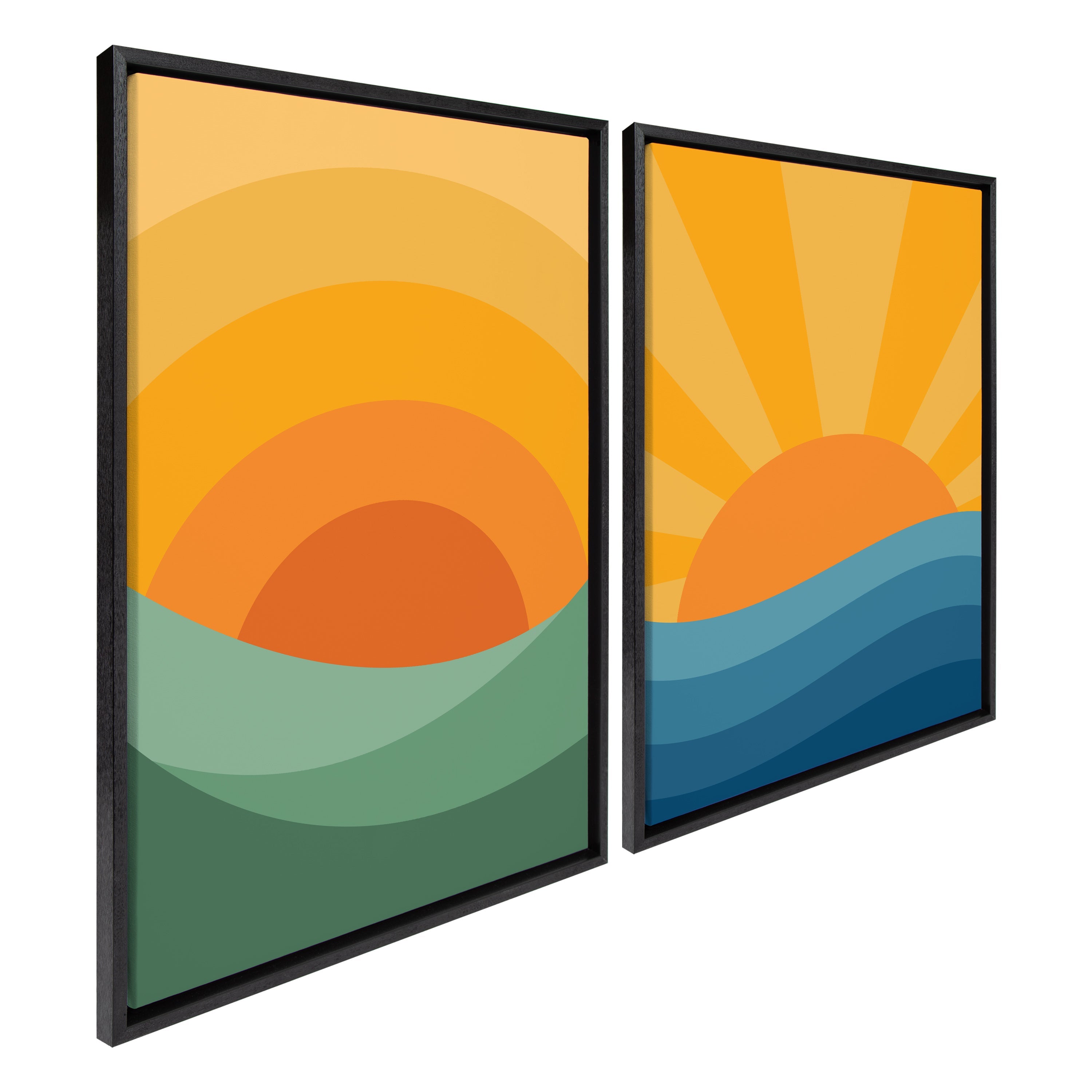 Framed canvas art set titled Sylvie Sunshine 1 and 2, featuring sun-inspired abstract artwork with natural and black frame options.
