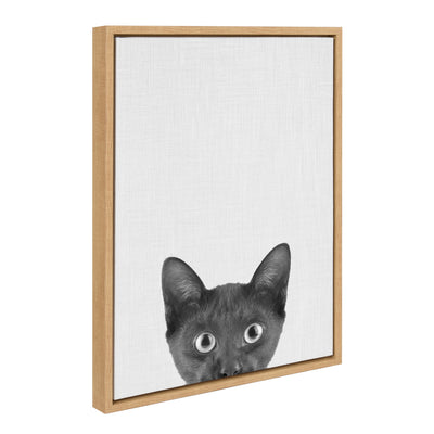 Framed canvas art depicting a black kitten with a natural color floating frame