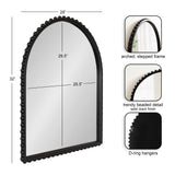 Arched wall mirror with a satin black stepped frame featuring a trendy beaded detail around the edges, measuring 32 by 28 inches with D-ring hangers on the back.