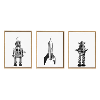 Sylvie Sparky Space Robot, No 4 Rocket and Robbey Robot Black and White Set Framed Canvas Art Set by Saint and Sailor Studios