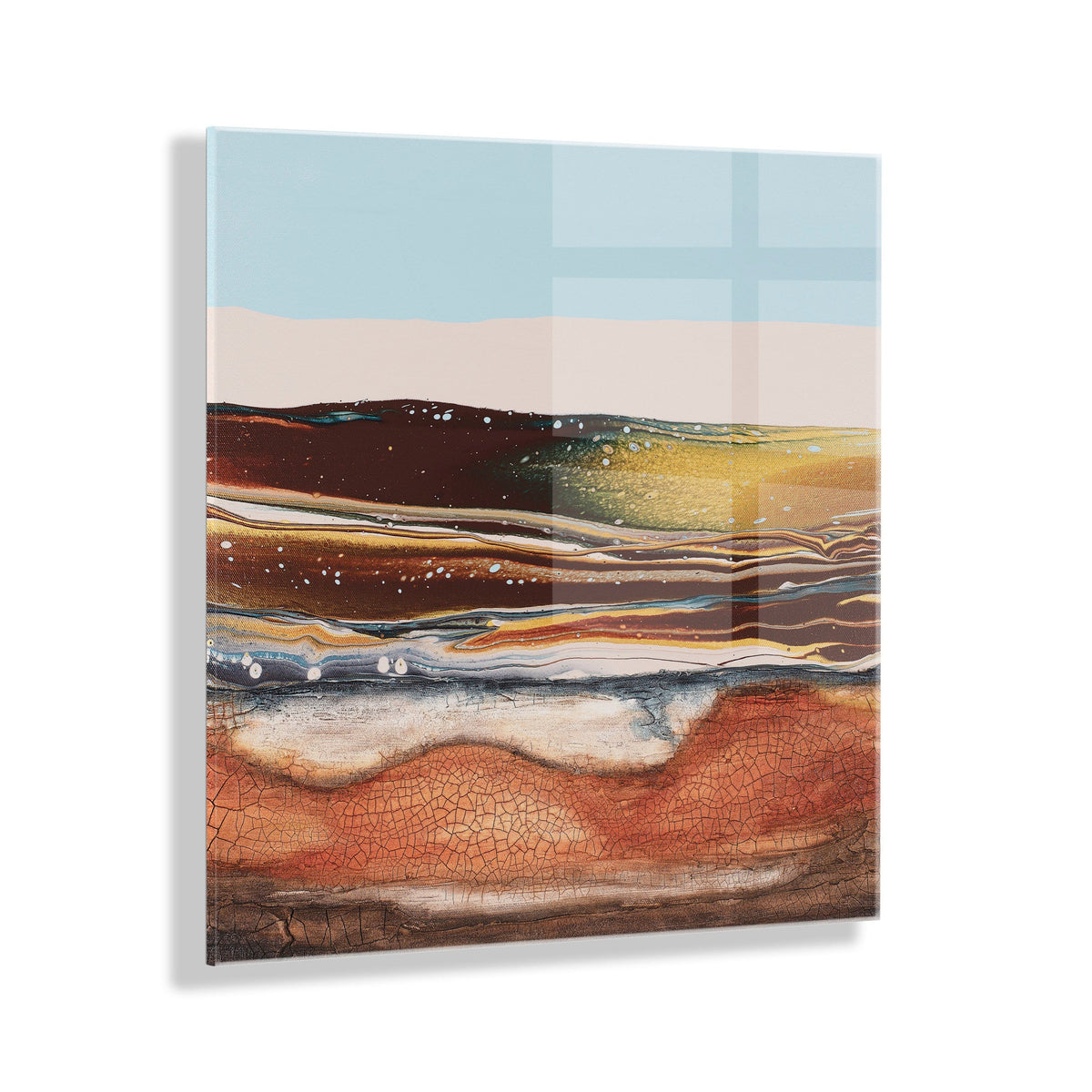 Sonoran Desert Floating Acrylic Art by Xizhou Xie showing abstract desert landscape in rich earth tones