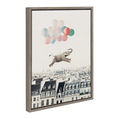 Sylvie Happy Elephant in Paris framed canvas artwork showing a playful elephant and Parisian scenery