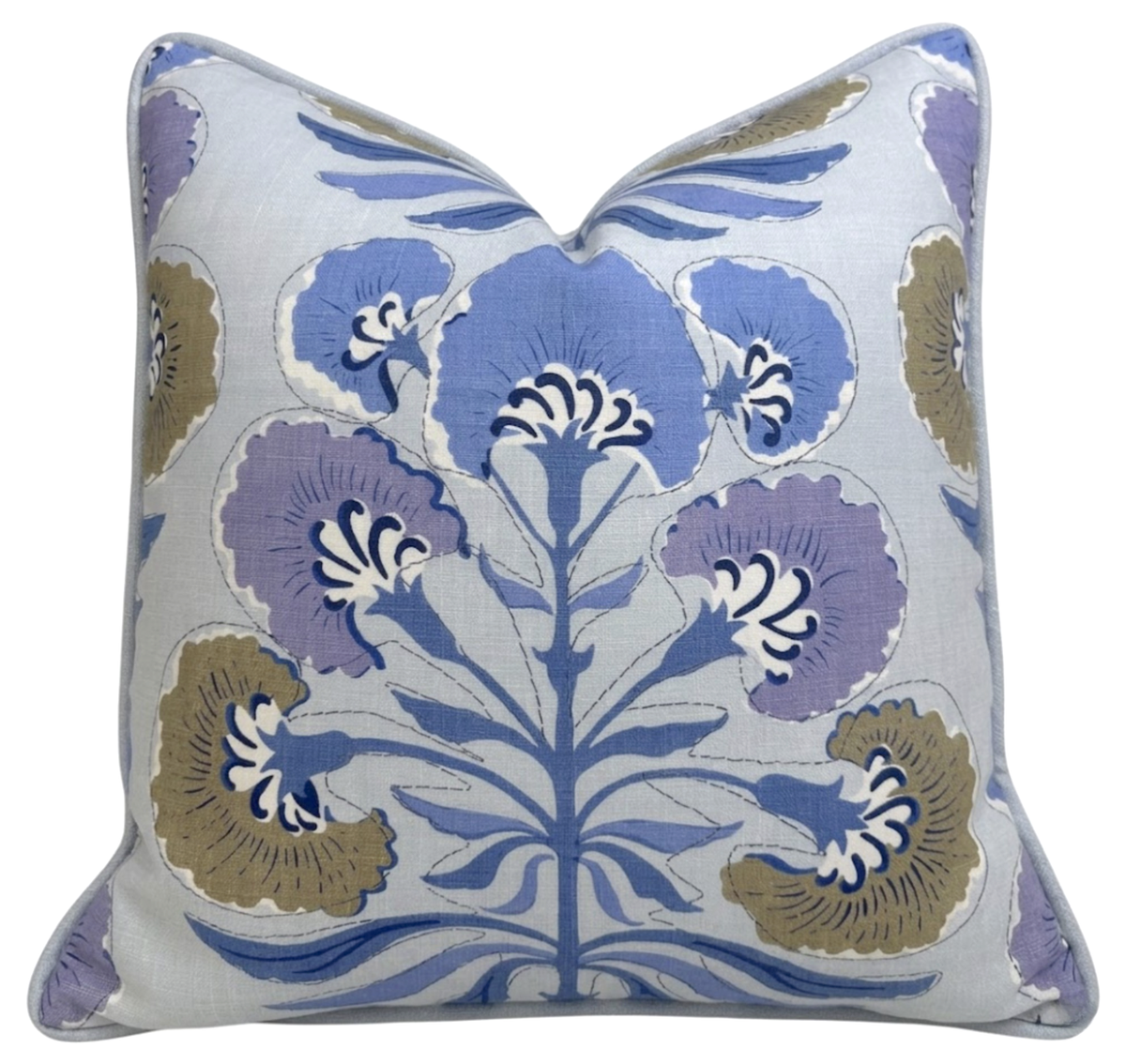 Square pillow with a pale background featuring a symmetrical floral pattern in blue, lavender, and muted olive green with white accents.