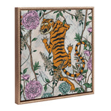 Sylvie Beaded Tiger Floral Framed Canvas art featuring a tiger illustration with colorful flowers in a gold vintage beaded frame