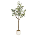 Tall artificial eucalyptus tree with slender brown trunk and clusters of small green leaves in a ribbed white ceramic pot.
