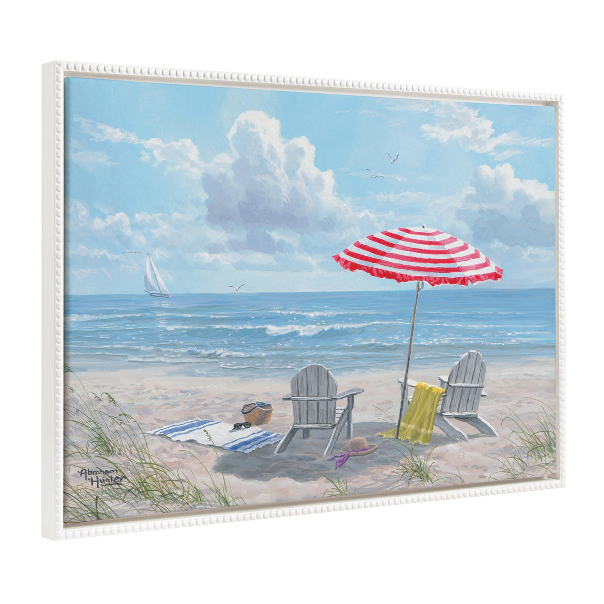Sylvie Beaded Beach Day framed canvas art showing beach scene with vintage white beaded frame