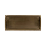 Rectangular decorative tray with a brushed bronze finish and raised edges, featuring two matching bronze handles on the shorter sides.