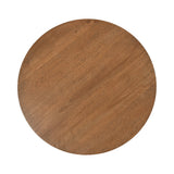 Top view of a round wood coffee table surface with a smooth, warm brown finish and subtle natural wood grain patterns.