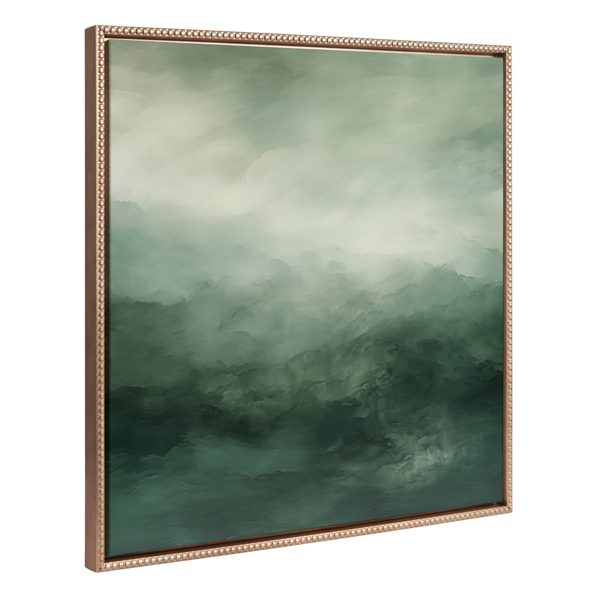 Sylvie Beaded Tonal Abstract Sage Green framed canvas art by The Creative Bunch Studio, depicting abstract forest greens in a vintage beaded frame