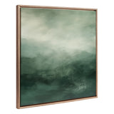 Abstract tonal painting in shades of sage green with soft blended brushstrokes, framed by a beaded light wood frame with decorative edges.