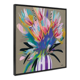 Abstract floral painting with bright pink, yellow, and purple flowers and green leaves in a white and purple striped vase on a taupe background.
