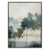 Abstract landscape painting featuring tall, slender trees with green and blue foliage against a soft, muted background in gray and beige tones, framed in a thin brown border.