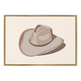 Minimalist beige and light brown cowgirl hat illustration on a cream background, framed in a simple light wood frame.