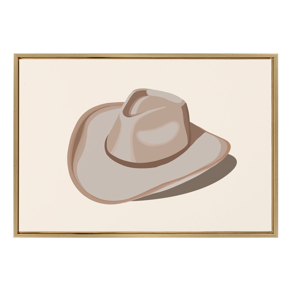 Minimalist beige and light brown cowgirl hat illustration on a cream background, framed in a simple light wood frame.