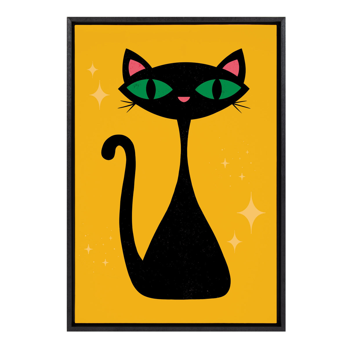 Stylized black cat with large green eyes and pink ears on a mustard yellow background with white star-shaped sparkles, framed in black.
